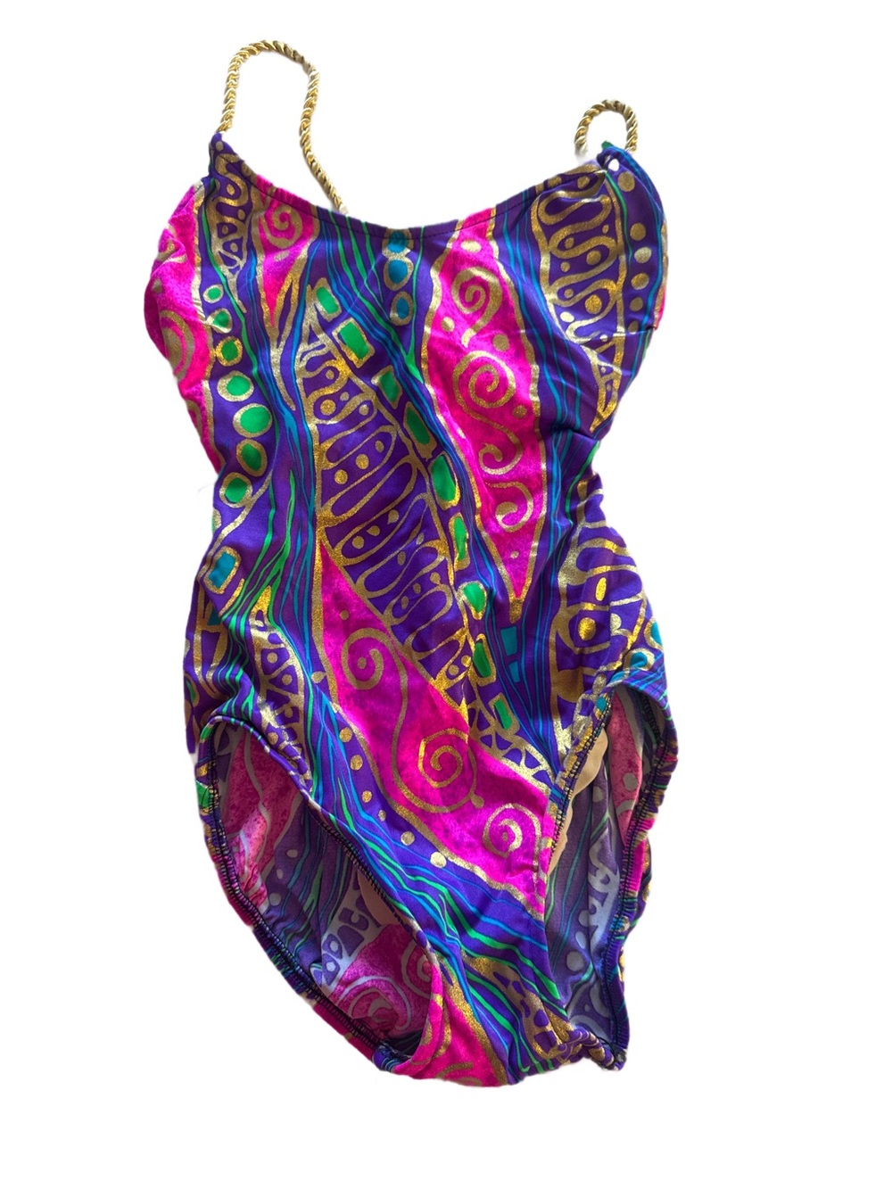Vintage Multicolor One-Piece Swimsuit with Gold Rope Straps and underwire size 6